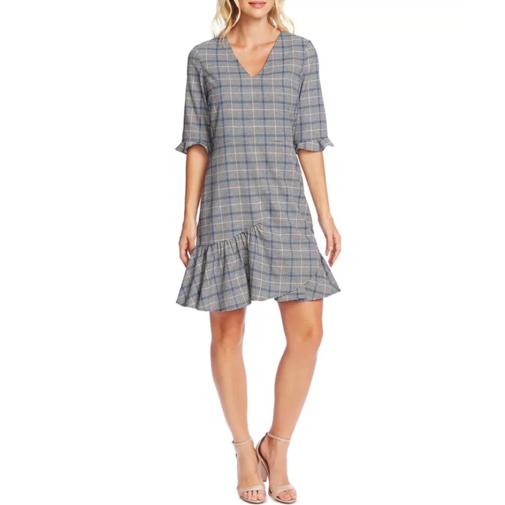 New! CeCe Women's Plaid V-Neck Flounce Dress Gray Size 10
